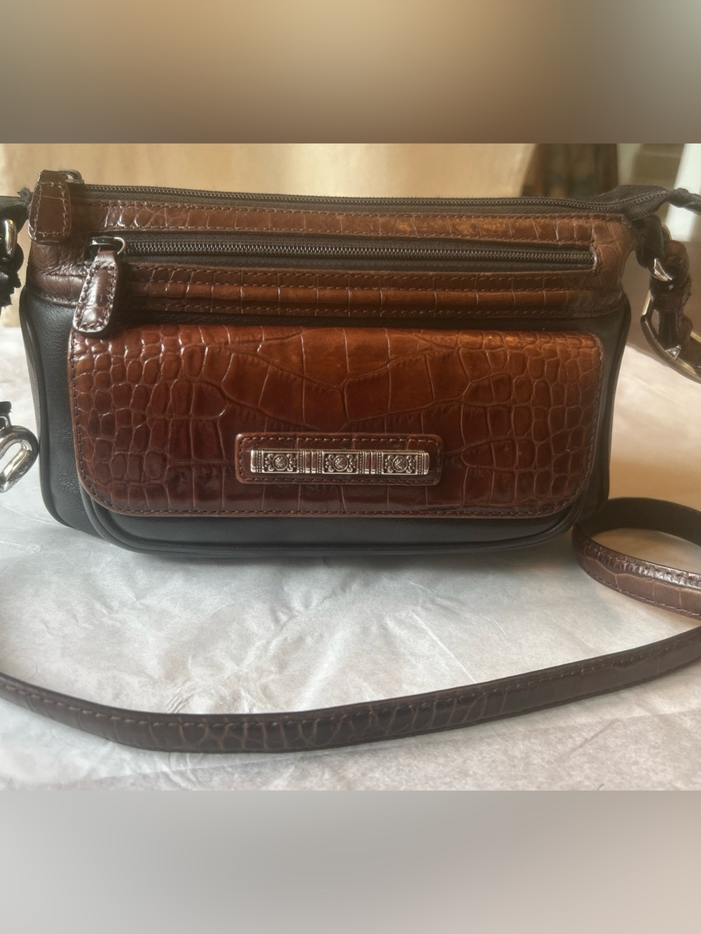 Brighton Julian Black Leather Crossbody Organizer Handbag W/ Brown Croc Accents.